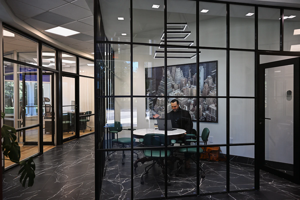 Office mezzanine with glass partition