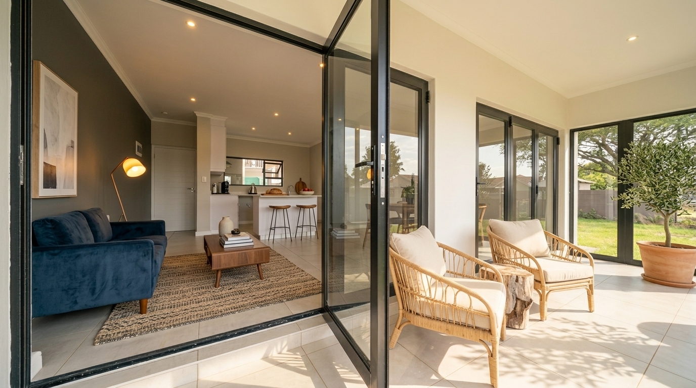 Family room with folding glass doors