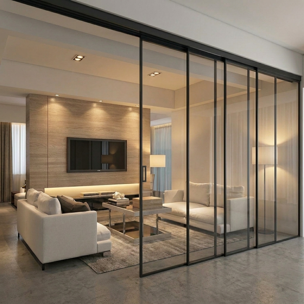 Living room with wide sliding glass doors