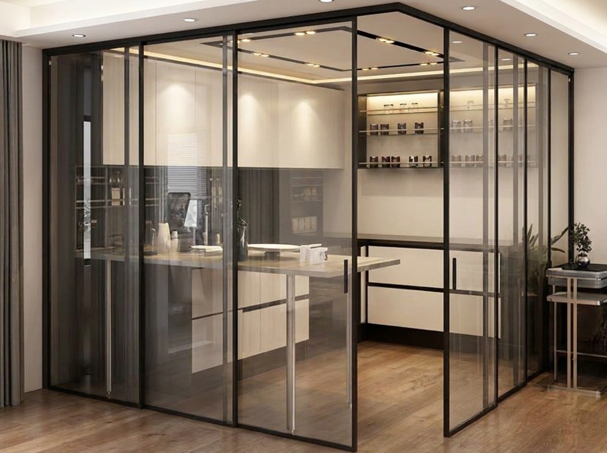 Open-plan room with garden-side glass doors