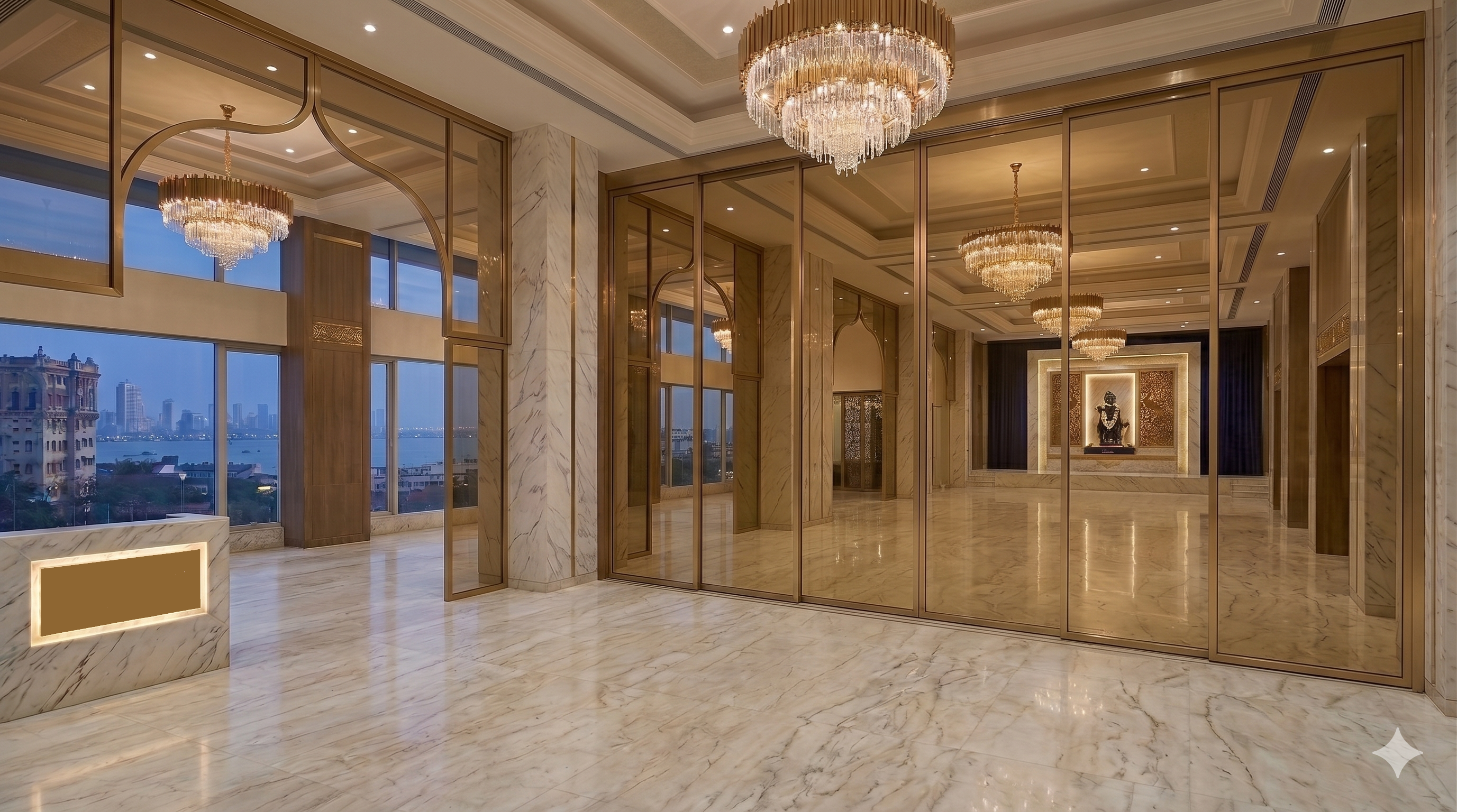 Lounge with sliding doors opening outward